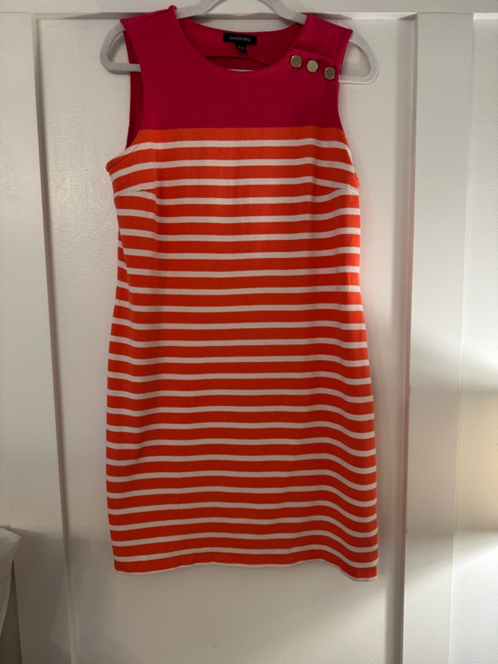 Lands' End 100% Cotton Pink/Orange Striped Knit Sleeveless Shift Dress Petite M